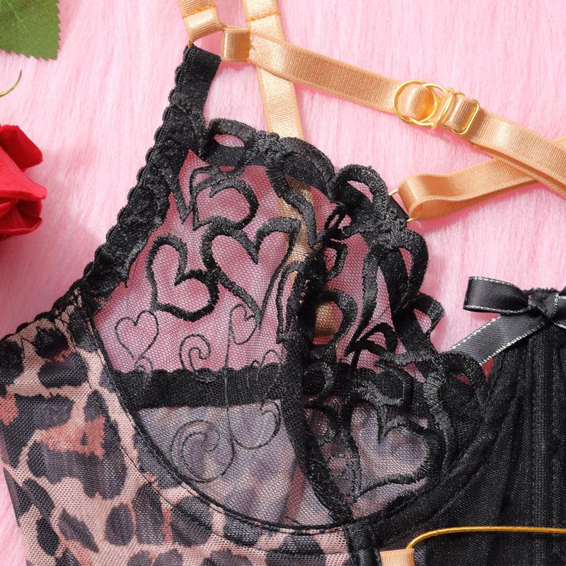 Ladies Leopard and Heart Lace Corset 3PCS Lingerie Set SKLG4025