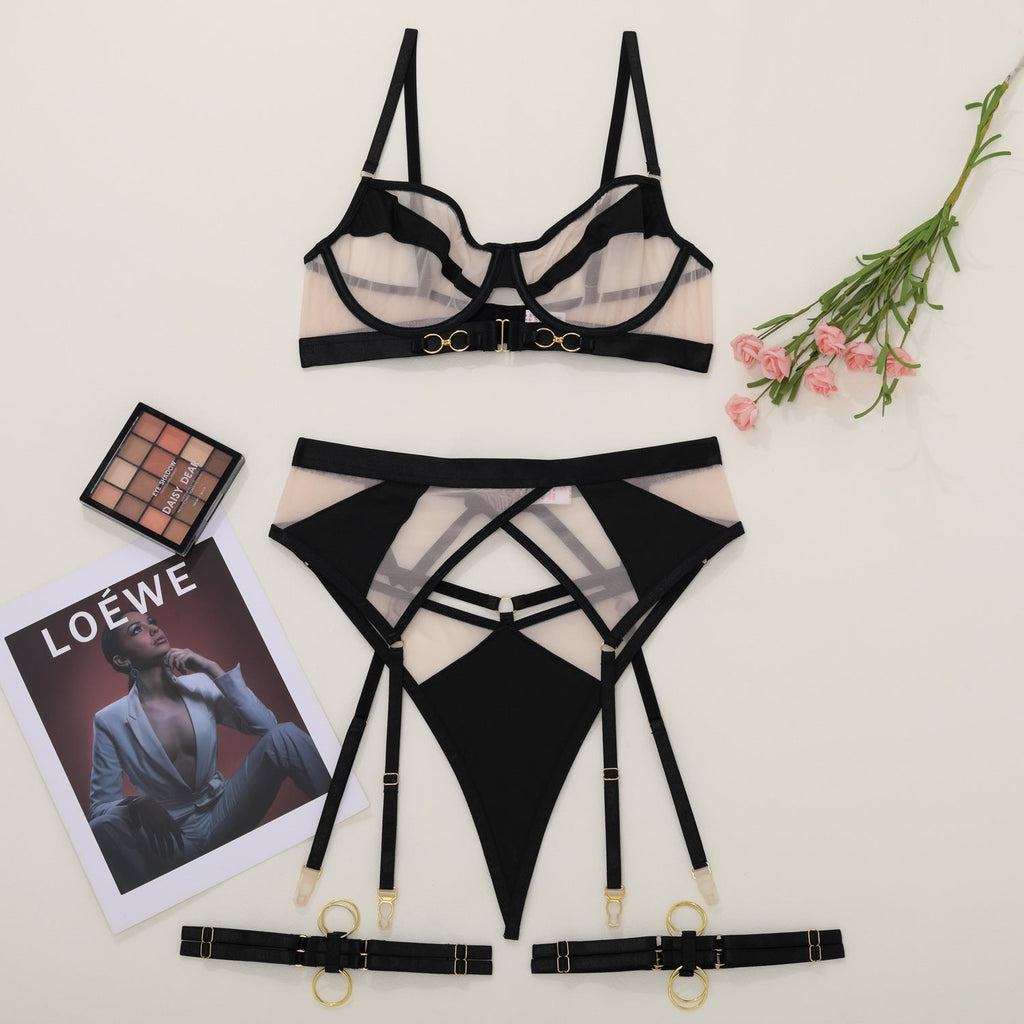 Ladies Color Block See Through 3PCS Lingerie Set SKLG4107