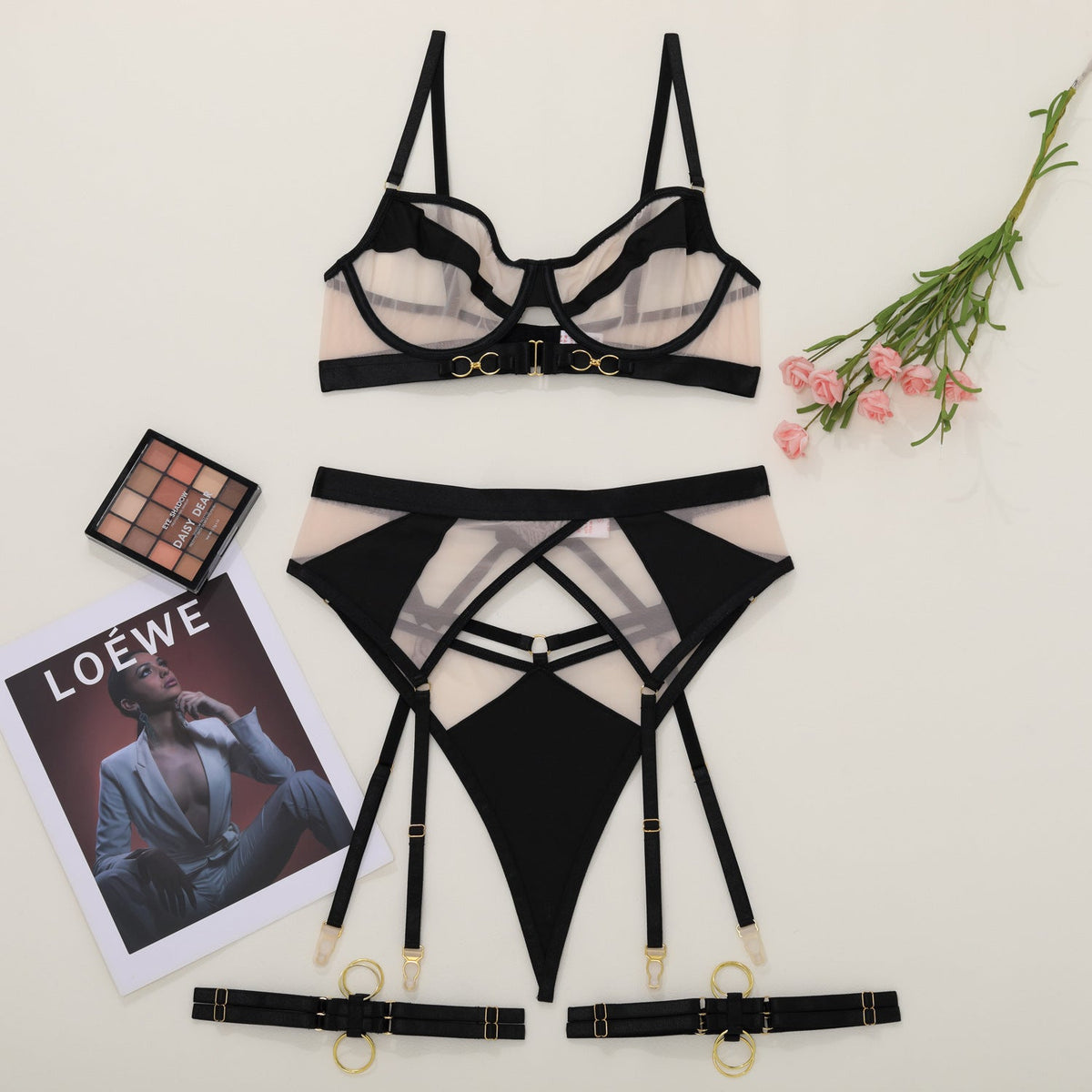 Ladies Color Block See Through 3PCS Lingerie Set SKLG4107