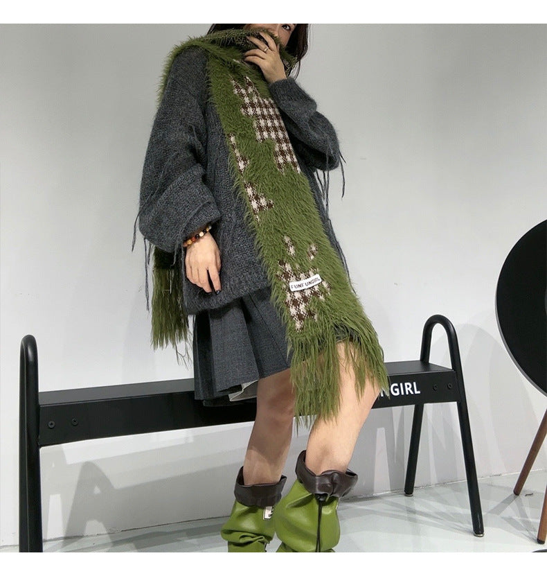 Ladies Faux Mink Color Block Tassels Scarf SKAS4193