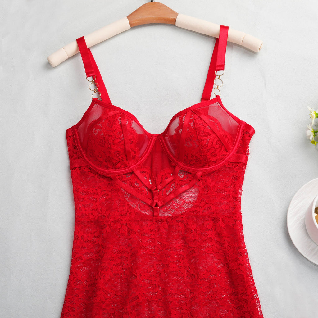 Ladies Floral Lace Side Split Lingerie Chemise Set SKLG4093