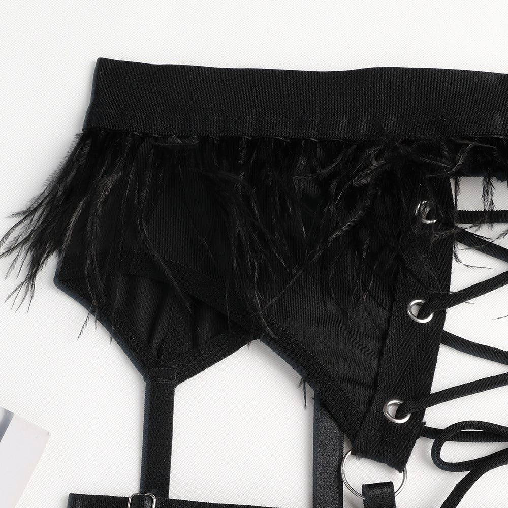 Ladies Solid Color Feather 3PCS Lingerie Set SKLG4098