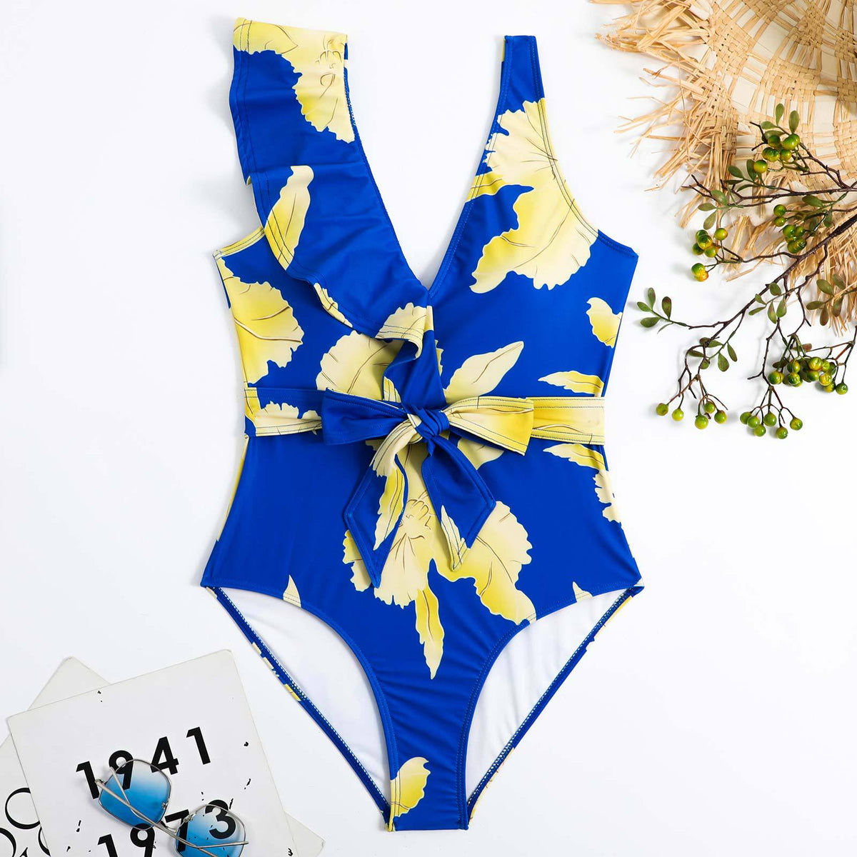 Ruffle Shoulder Waist Tie One Swimwear with Cover SKSW40129