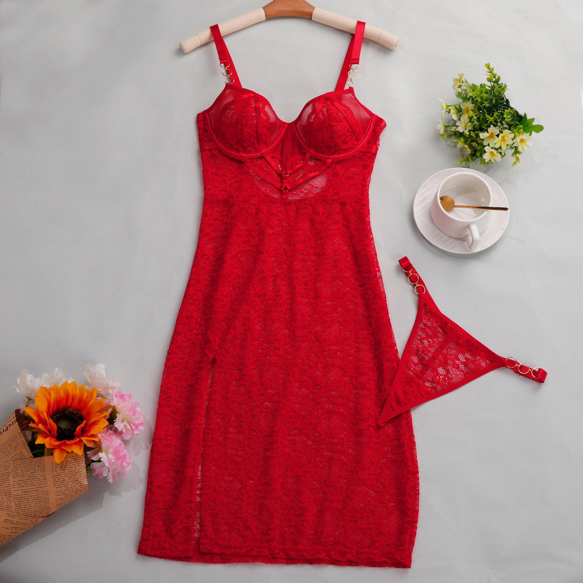 Ladies Floral Lace Side Split Lingerie Chemise Set SKLG4093