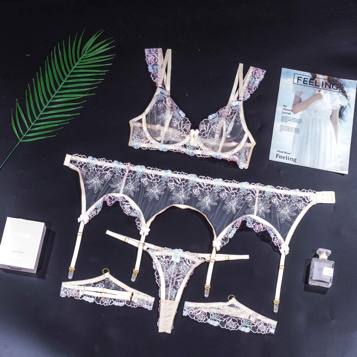 Ladies Floral Embroidery 3PCS Lingerie Set SKLG4102