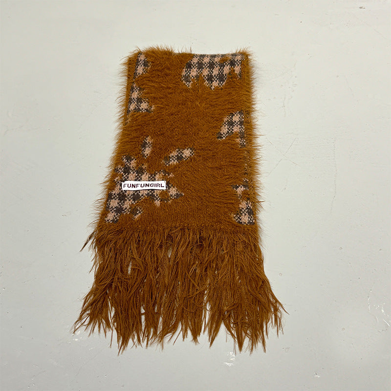Ladies Faux Mink Color Block Tassels Scarf SKAS4193