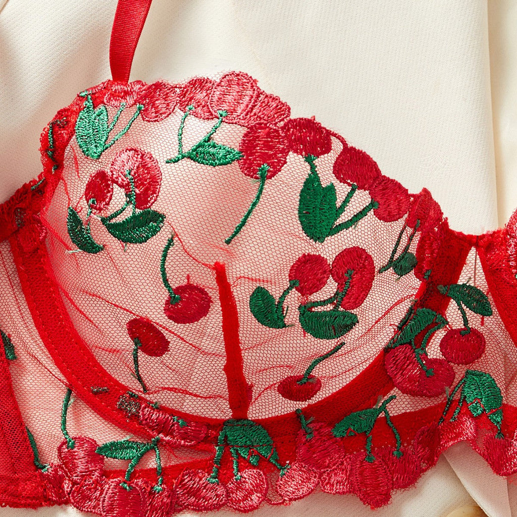 Ladies Cherry Embroidery 2PCS Lingerie Set SKLG4136