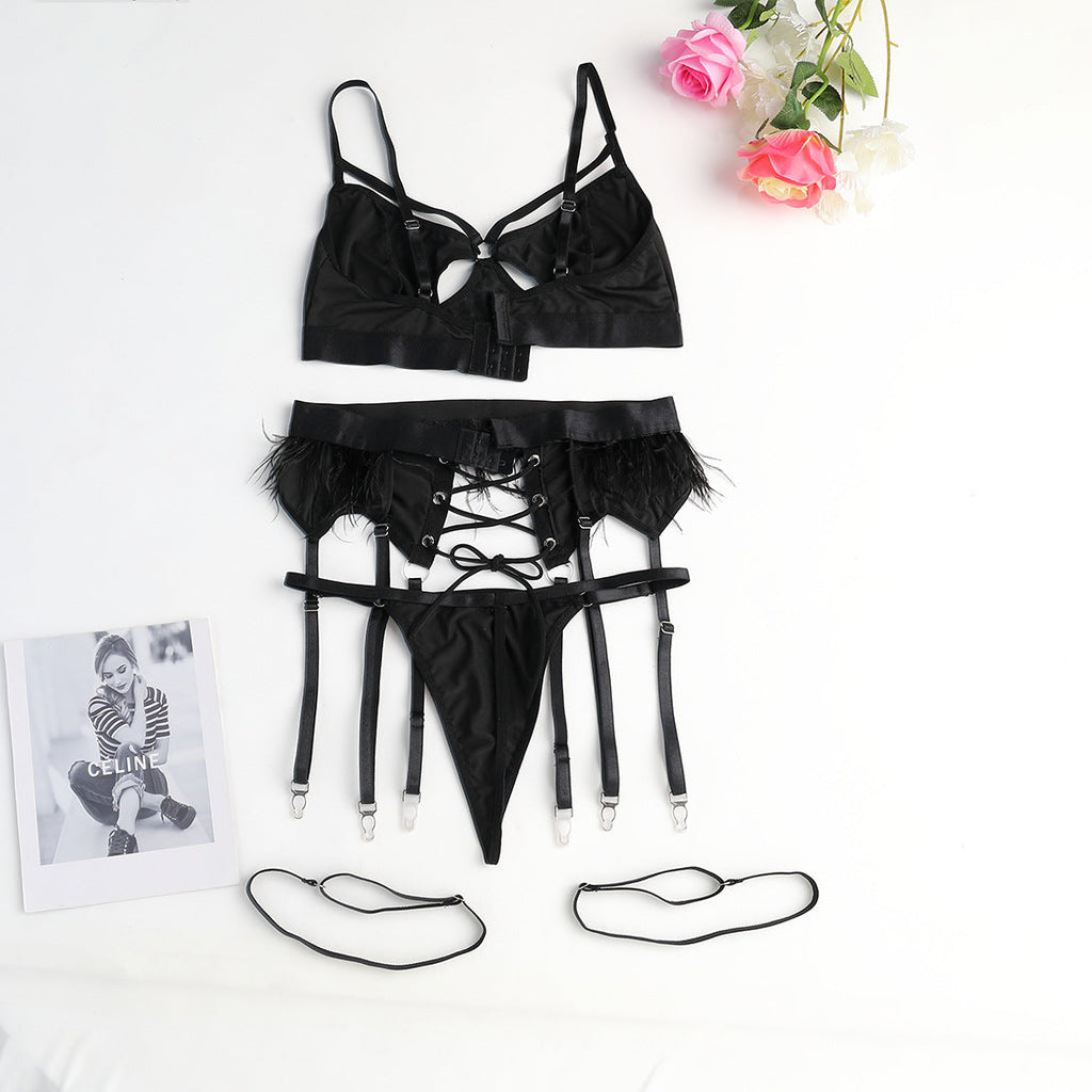 Ladies Solid Color Feather 3PCS Lingerie Set SKLG4098