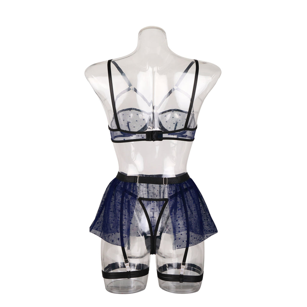 Ladies Half Cup Polka Dot Mesh 4PCS Lingerie Set SKLG4091