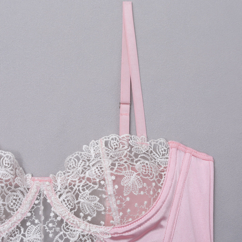 Ladies Floral Lace Velvet Lingerie Corset with Thong SKLG4094