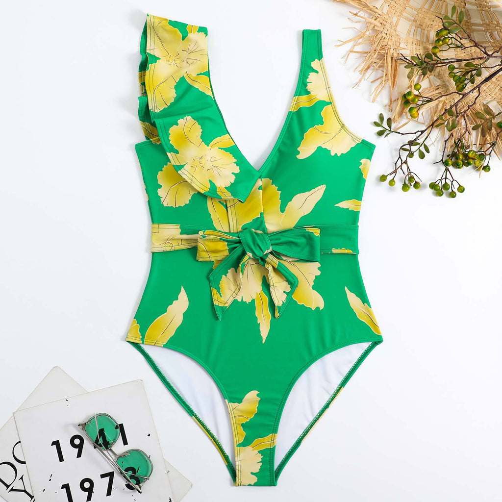 Ruffle Shoulder Waist Tie One Swimwear with Cover SKSW40129