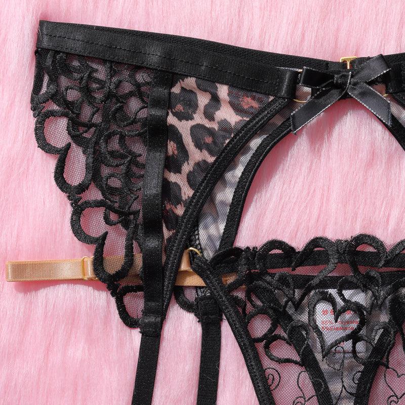 Ladies Leopard and Heart Lace Corset 3PCS Lingerie Set SKLG4025