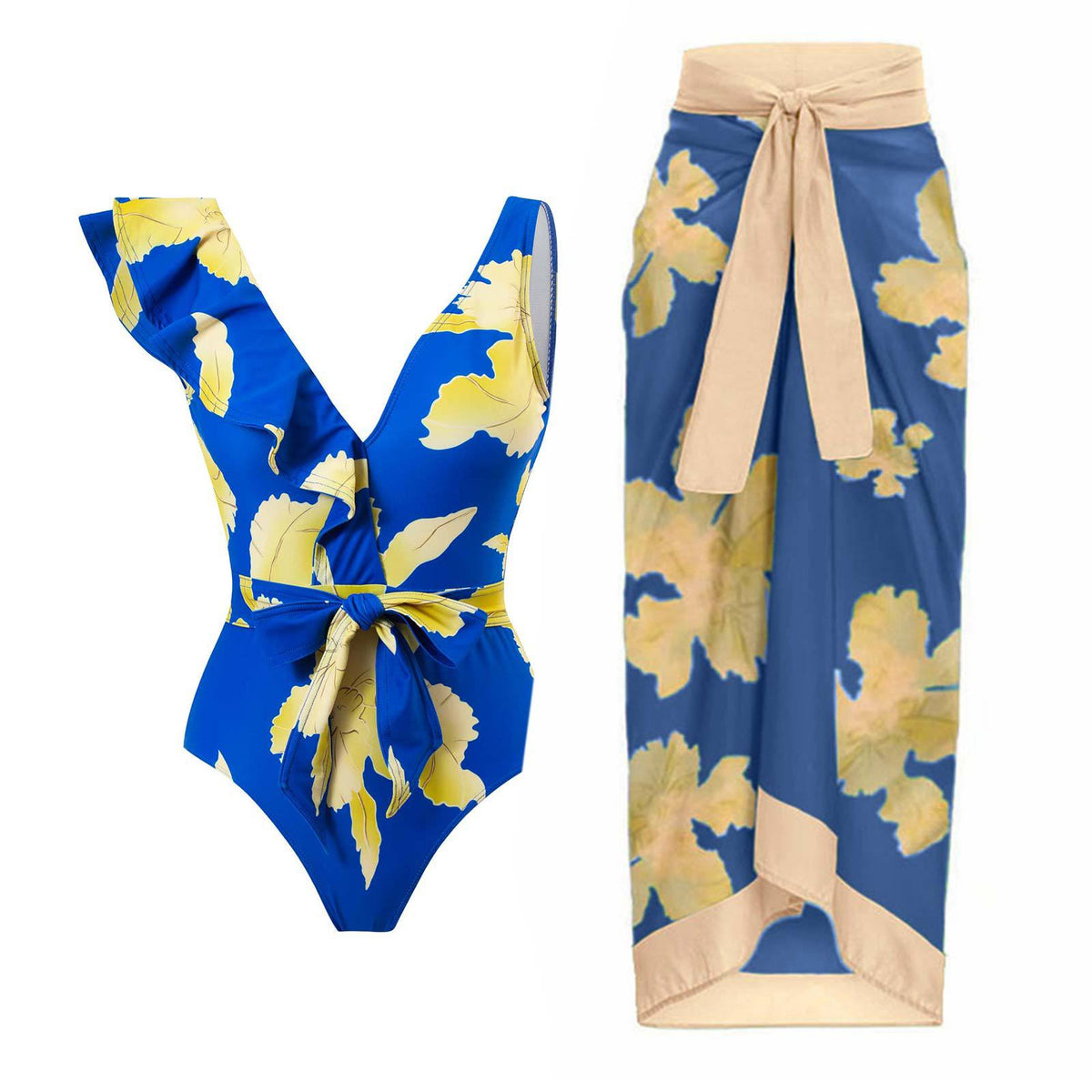 Ruffle Shoulder Waist Tie One Swimwear with Cover SKSW40129