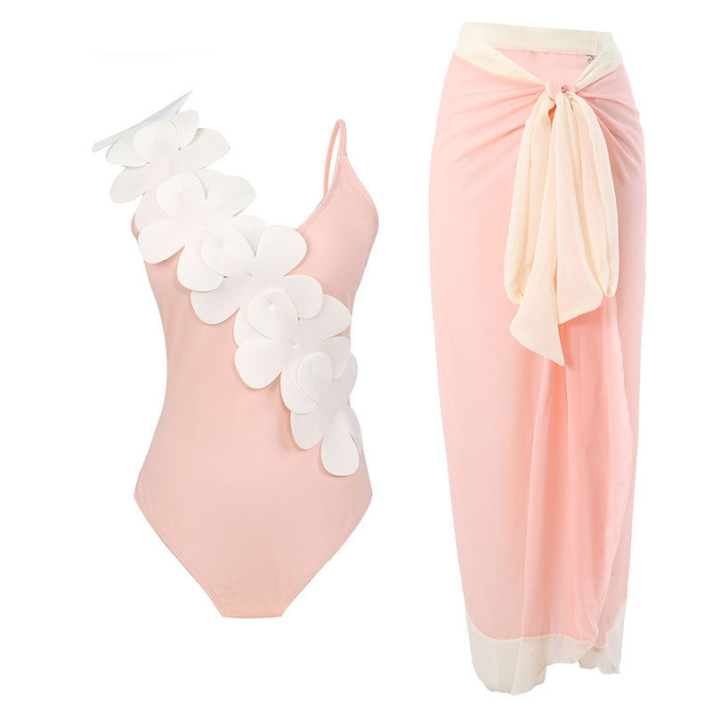 Flower Shoulder One Piece Swimwear 2PCS Set SKSW40141