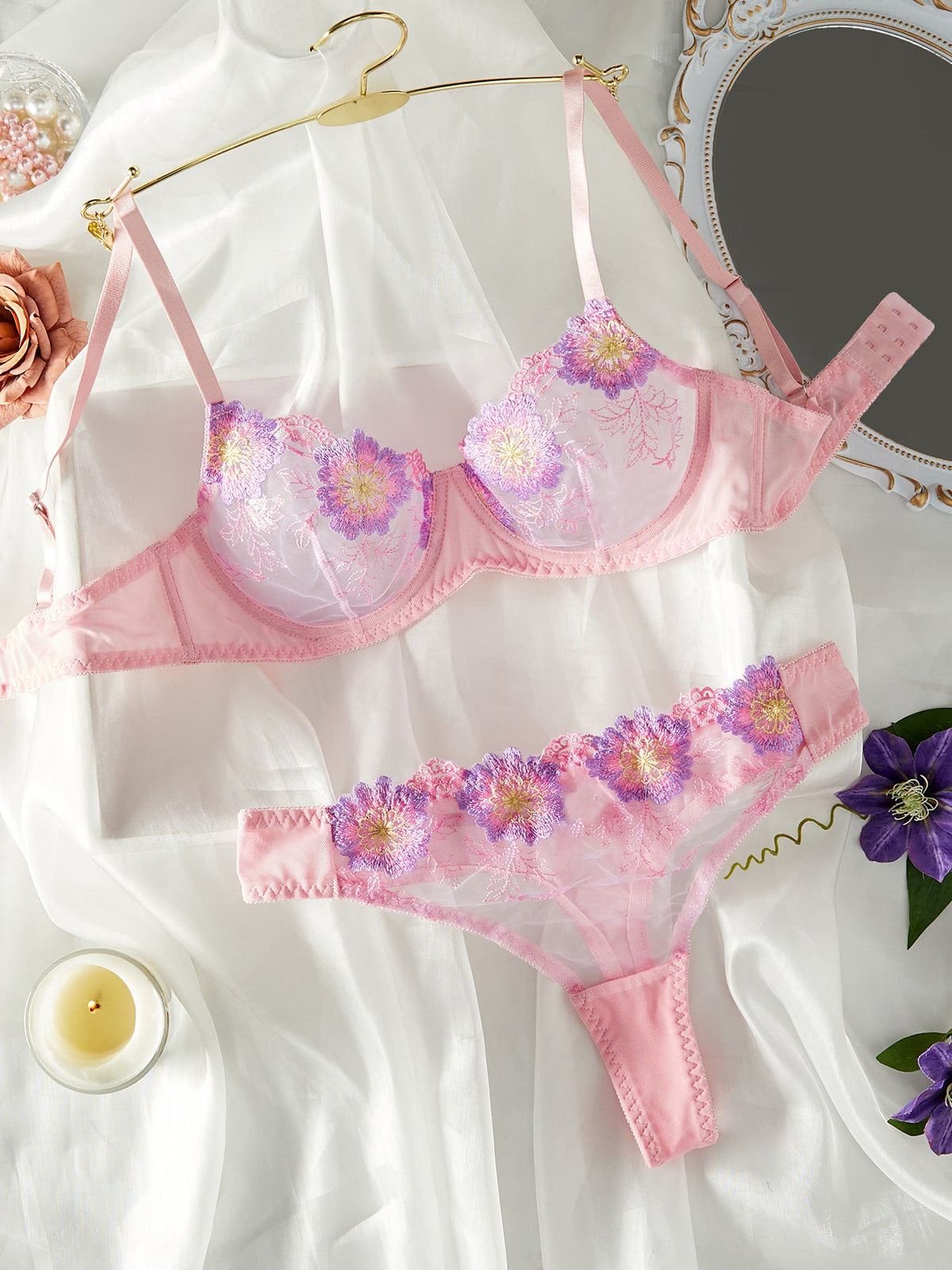 Ladies Floral Embroidery 2PCS Lingerie Set SKLG4164