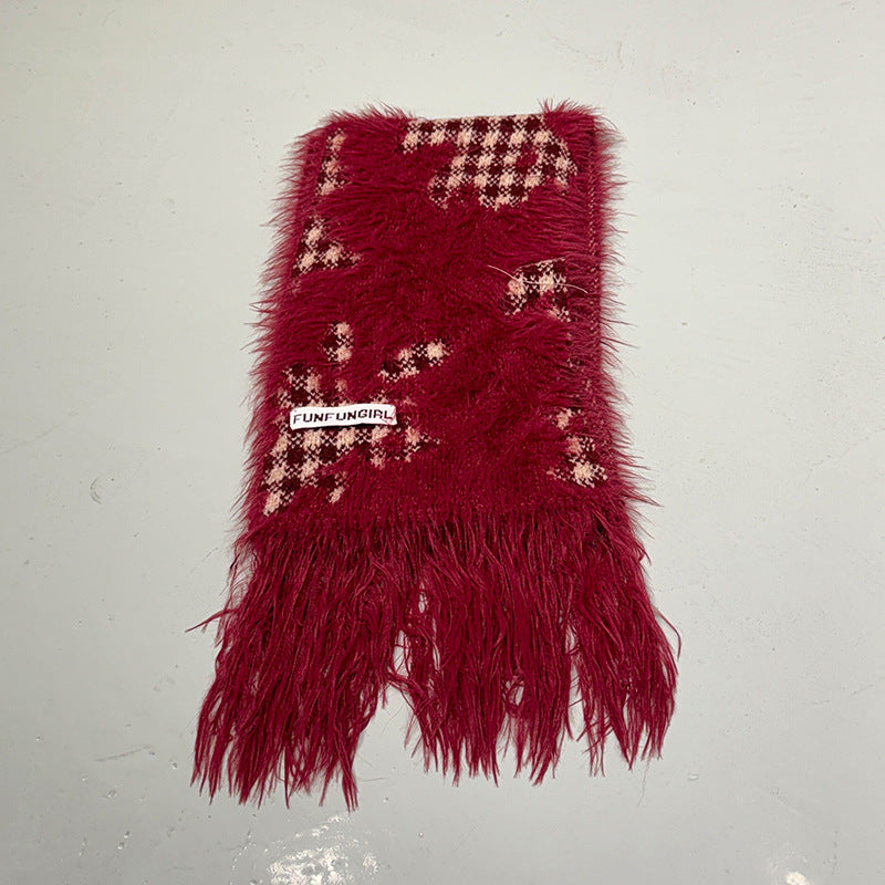 Ladies Faux Mink Color Block Tassels Scarf SKAS4193