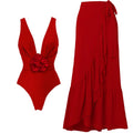 Ladies Deep V Neck Flower Detail Ruffle Swimwear Set