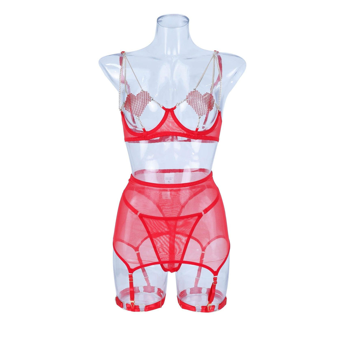 Ladies Heart Shaped Rhinestone 3PCS Lingerie Set SKLG4029