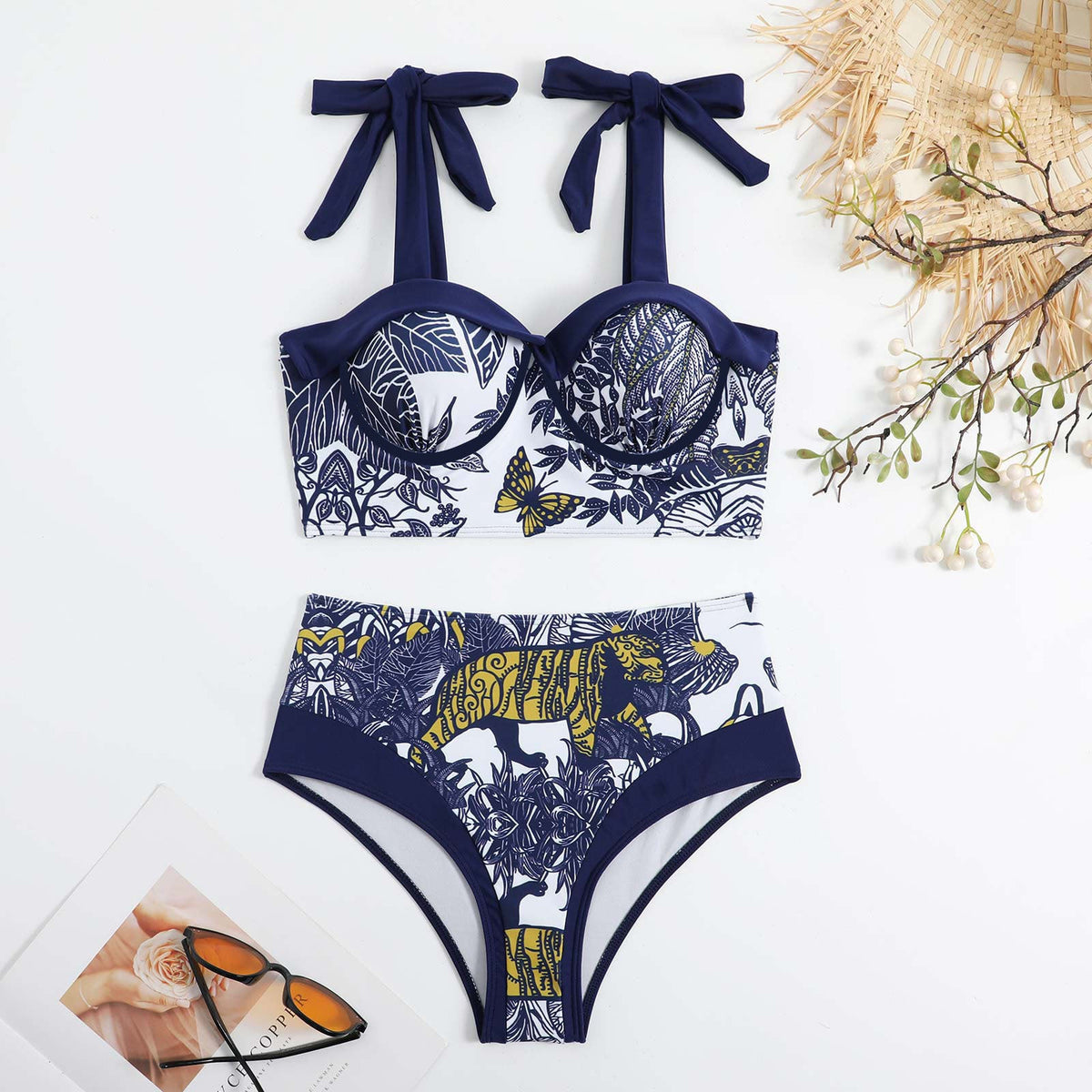 Butterfly Tiger Strape Shoulder Bikini Set with Cover SKSW40117