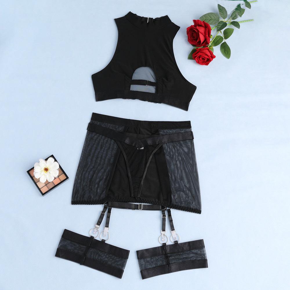 Ladies Solid Color Mesh Sexy 4PCS Lingerie Set SKLG4027