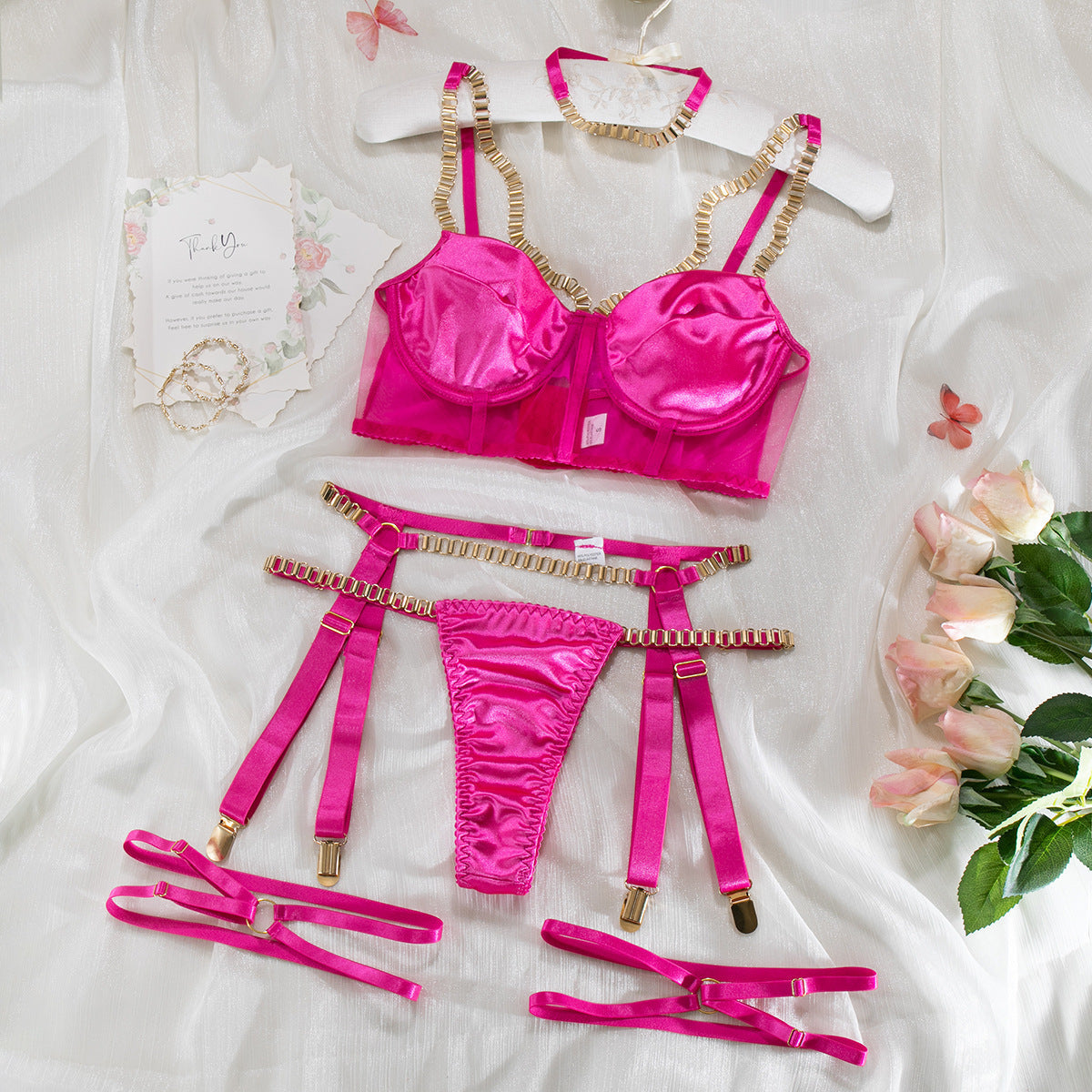 Ladies Golden Chain Solid Color 3PCS Lingerie Set SKLG4080