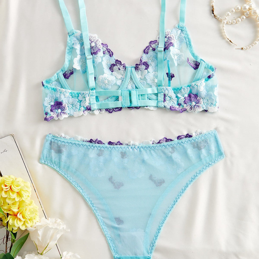 Ladies Floral Embroidery see Through 2PCS Lingerie Set SKLG4122