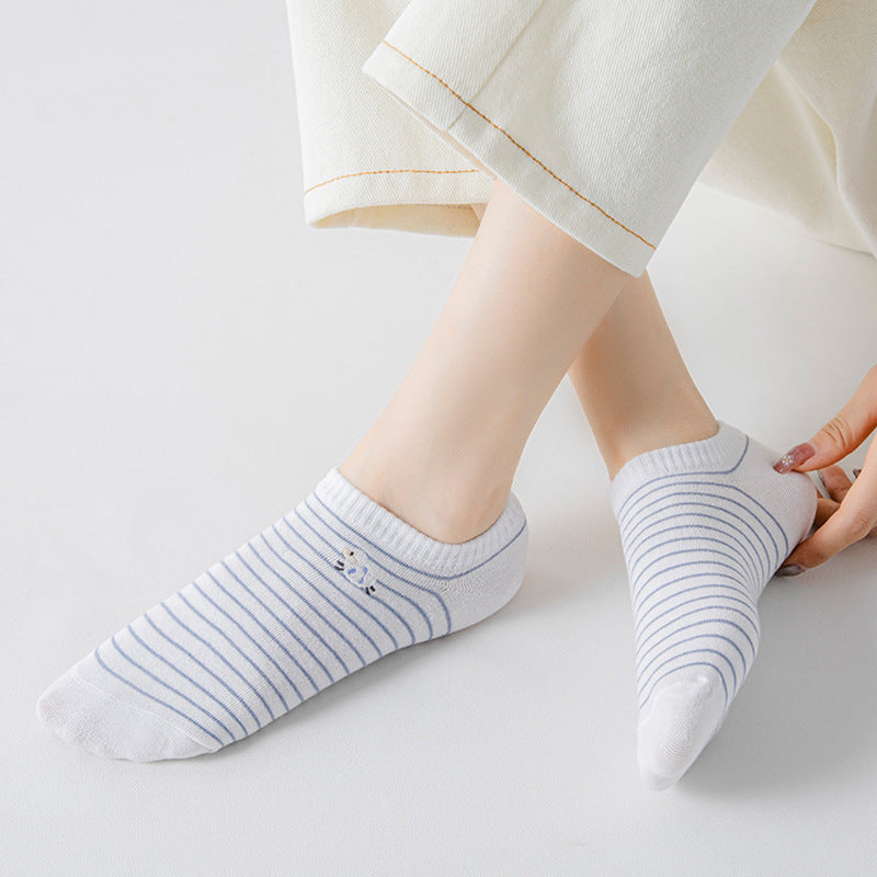 Ladies Embroidery Sheep Striped Knit Boat Socks SKAS50030