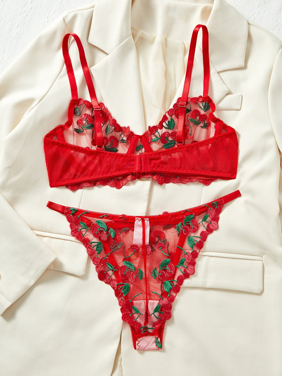Ladies Cherry Embroidery 2PCS Lingerie Set SKLG4136