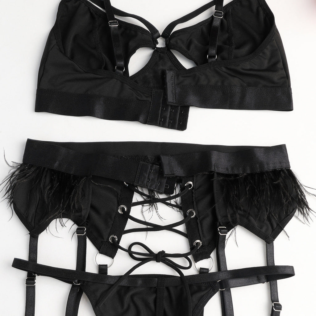 Ladies Solid Color Feather 3PCS Lingerie Set SKLG4098