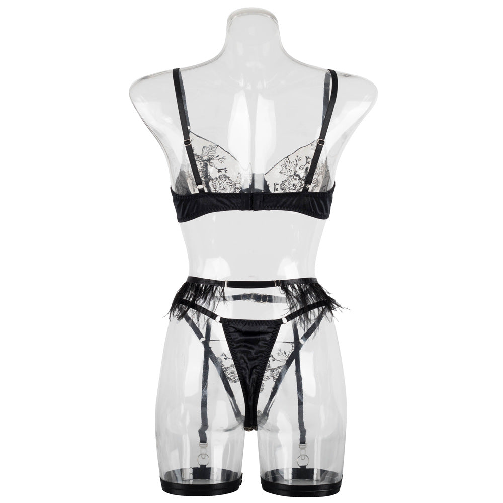Ladies Color Block Floral Embroidery 3PCS Lingerie Set SKLG4103