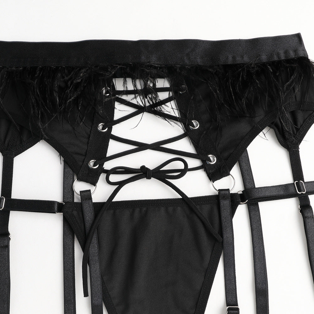 Ladies Solid Color Feather 3PCS Lingerie Set SKLG4098