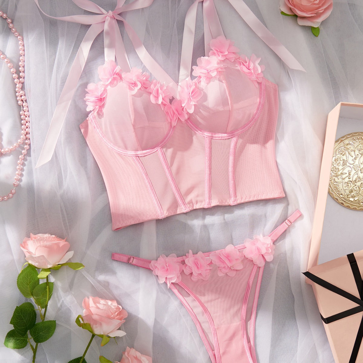 Ladies Floral Splice See Through 2PCS Lingerie Set 8HF4328