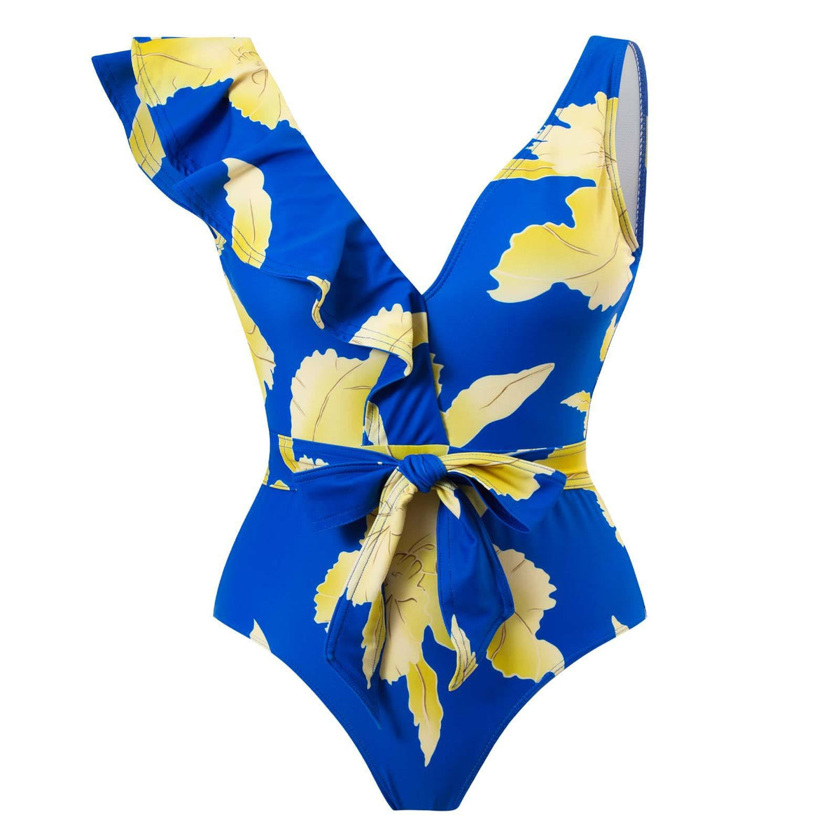 Ruffle Shoulder Waist Tie One Swimwear with Cover SKSW40129