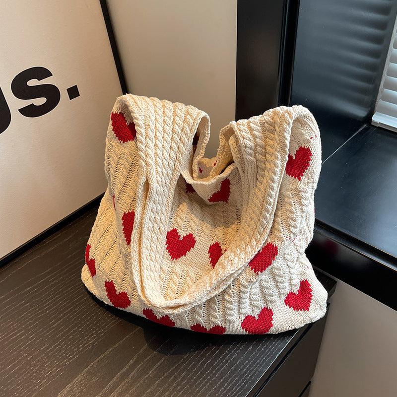 Ladies Knit Heart Shpaed One Shoulder Tote Bag SKAB4109