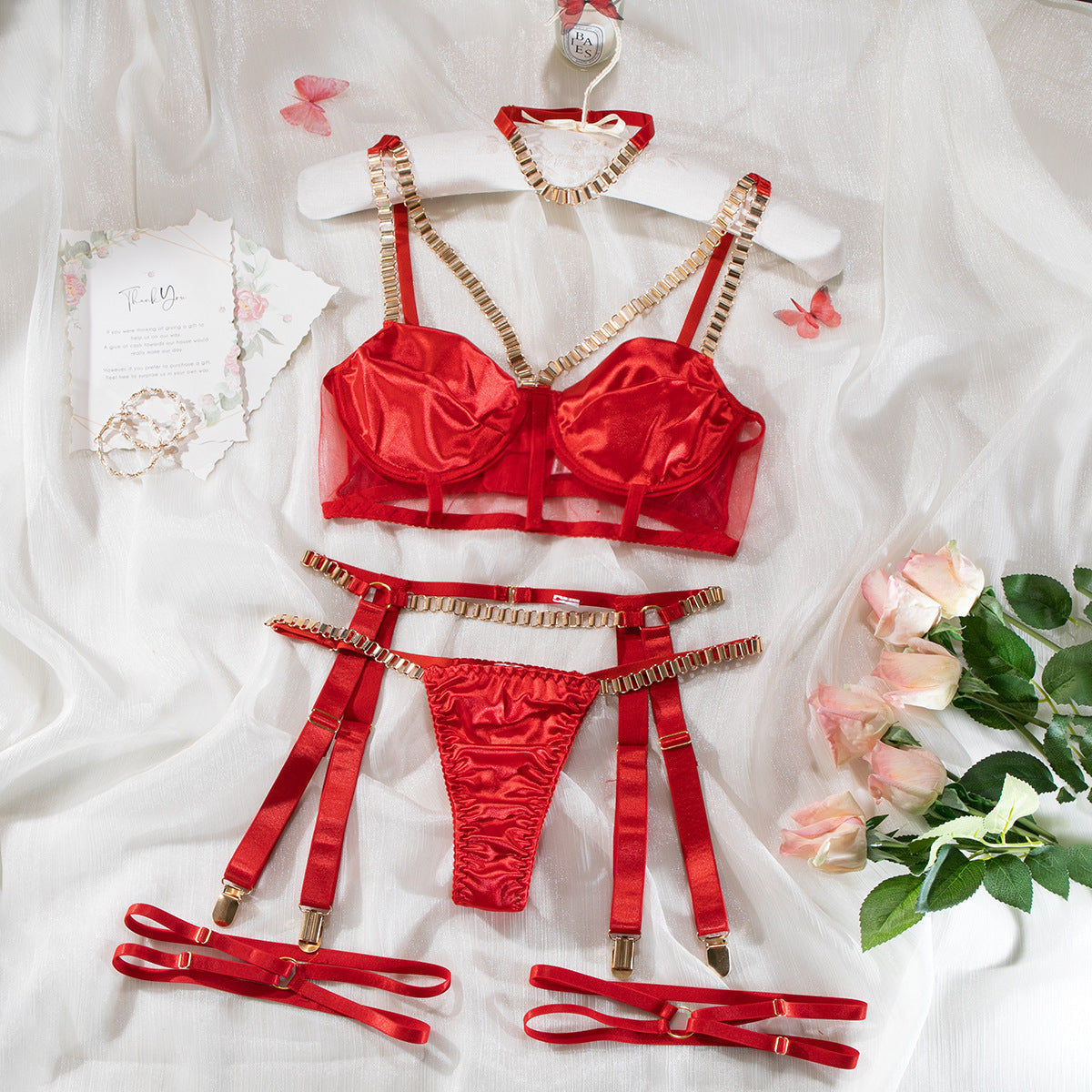 Ladies Golden Chain Solid Color 3PCS Lingerie Set SKLG4080