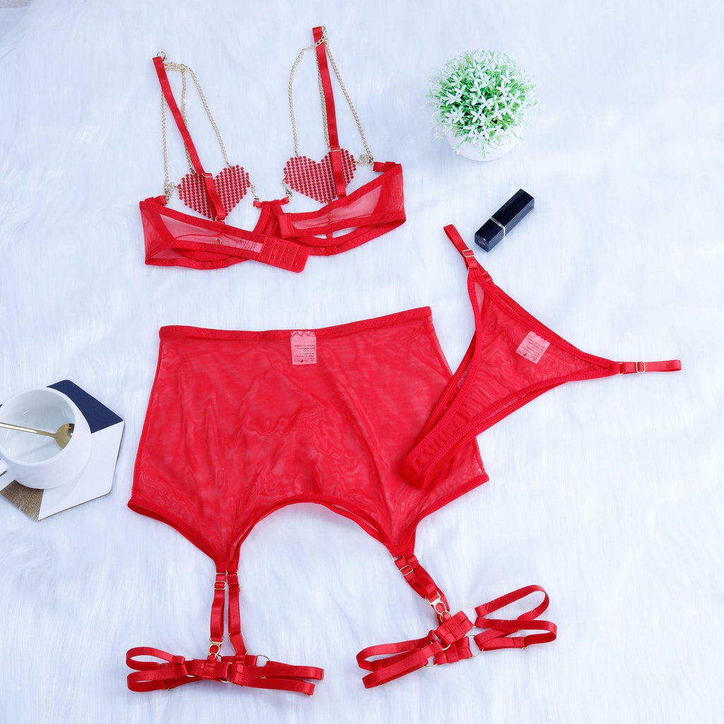 Ladies Heart Shaped Rhinestone 3PCS Lingerie Set SKLG4029