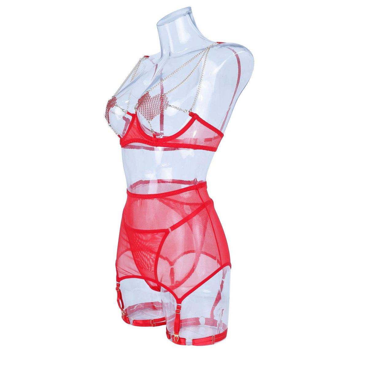 Ladies Heart Shaped Rhinestone 3PCS Lingerie Set SKLG4029