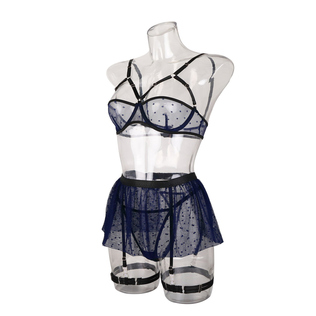 Ladies Half Cup Polka Dot Mesh 4PCS Lingerie Set SKLG4091