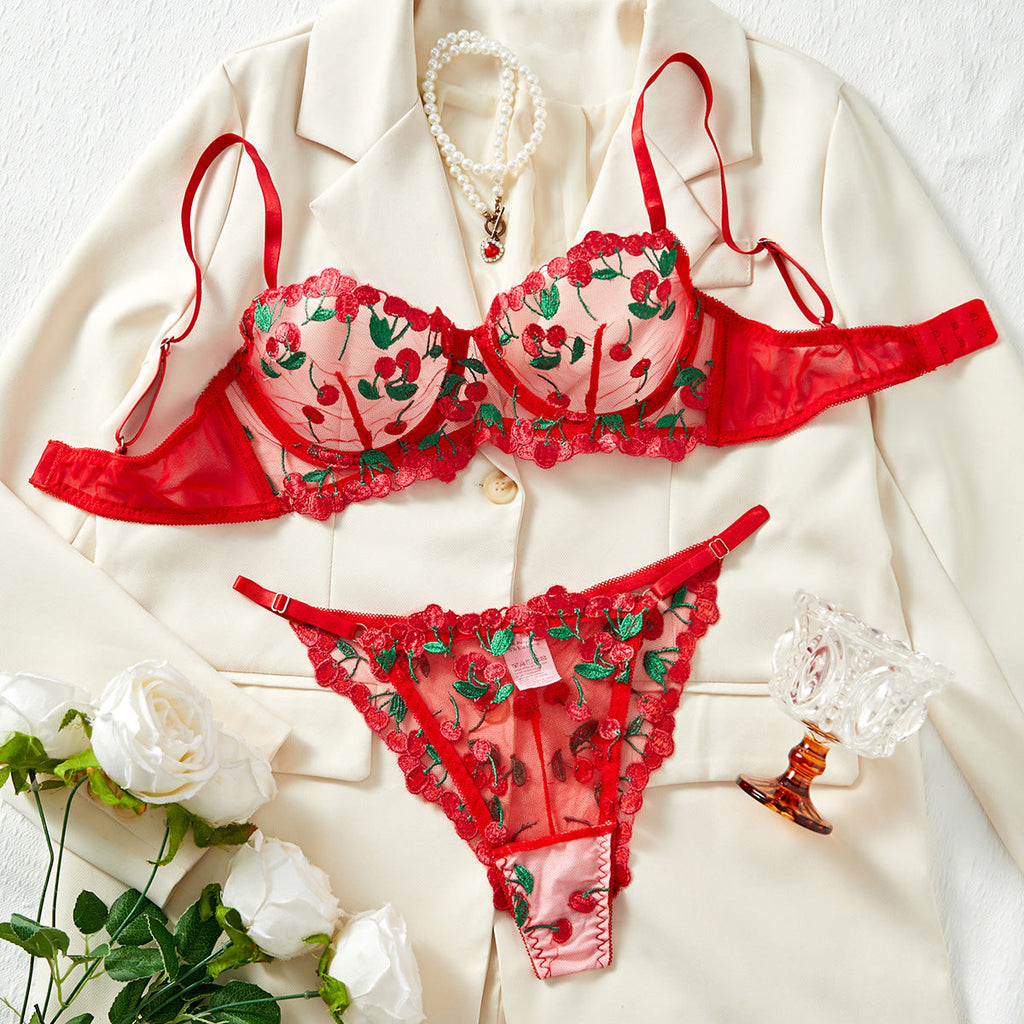 Ladies Cherry Embroidery 2PCS Lingerie Set SKLG4136