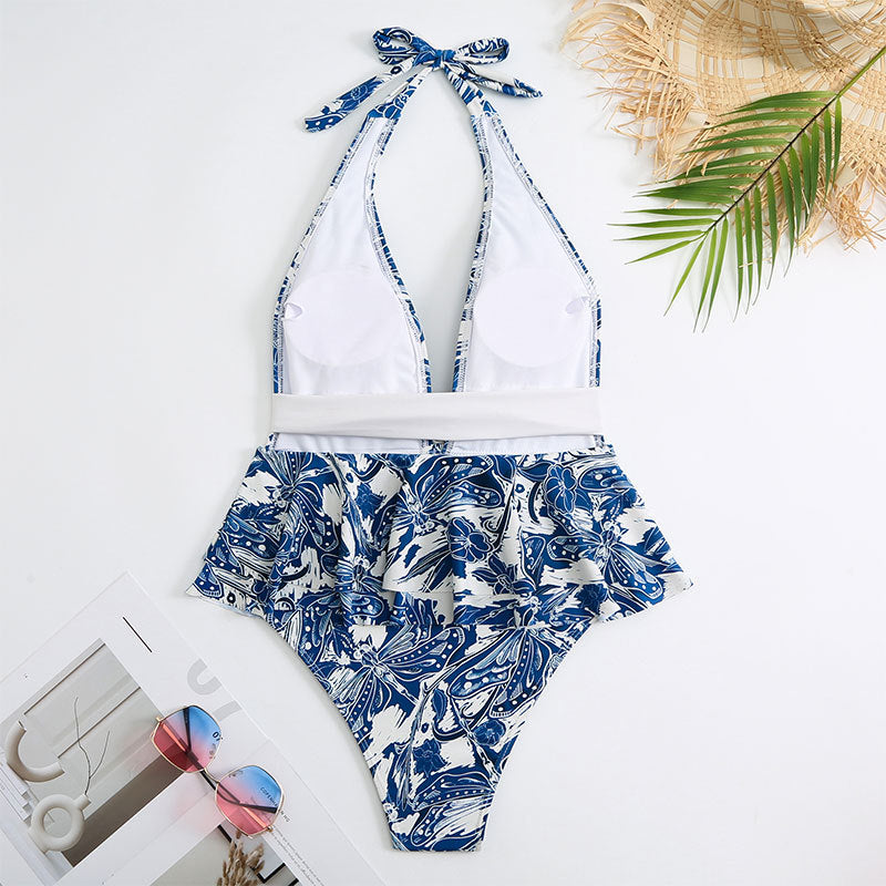 Halter Ruffle One Piece Swimwear with Cover SKSW40140
