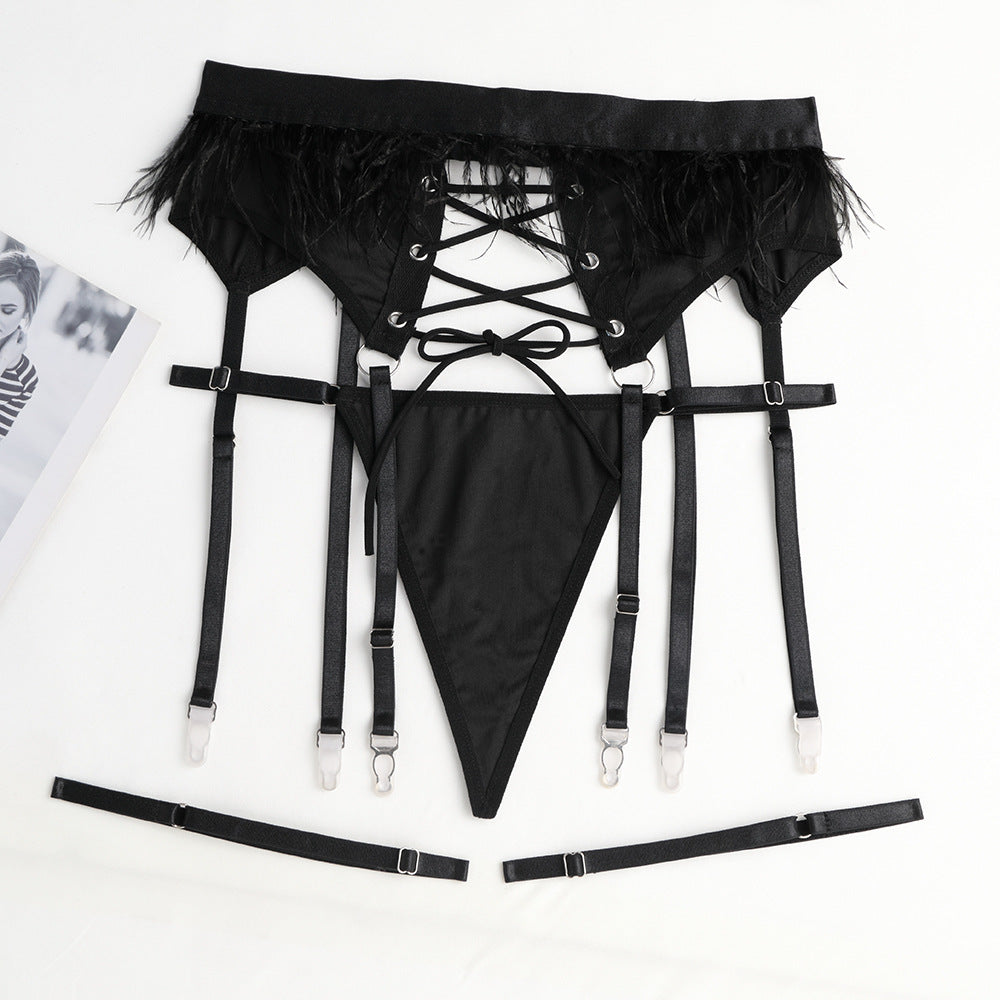 Ladies Solid Color Feather 3PCS Lingerie Set SKLG4098