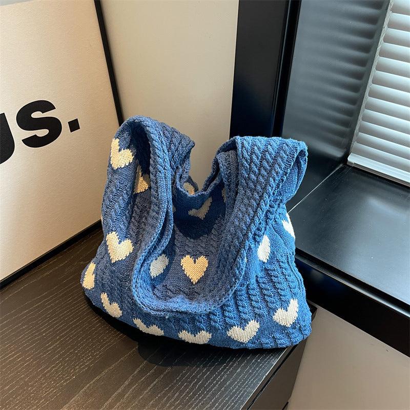 Ladies Knit Heart Shpaed One Shoulder Tote Bag SKAB4109