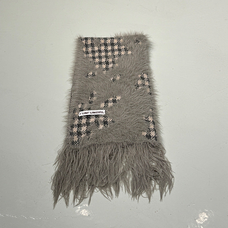 Ladies Faux Mink Color Block Tassels Scarf SKAS4193