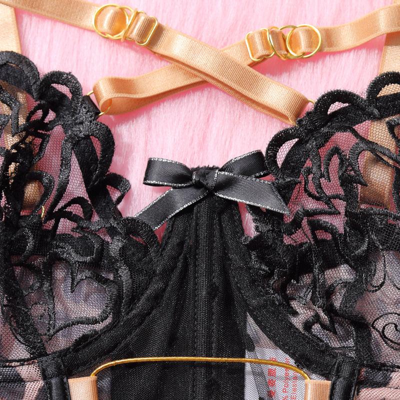 Ladies Leopard and Heart Lace Corset 3PCS Lingerie Set SKLG4025