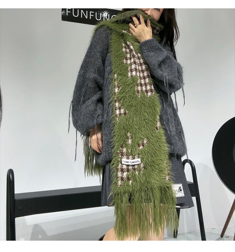 Ladies Faux Mink Color Block Tassels Scarf SKAS4193