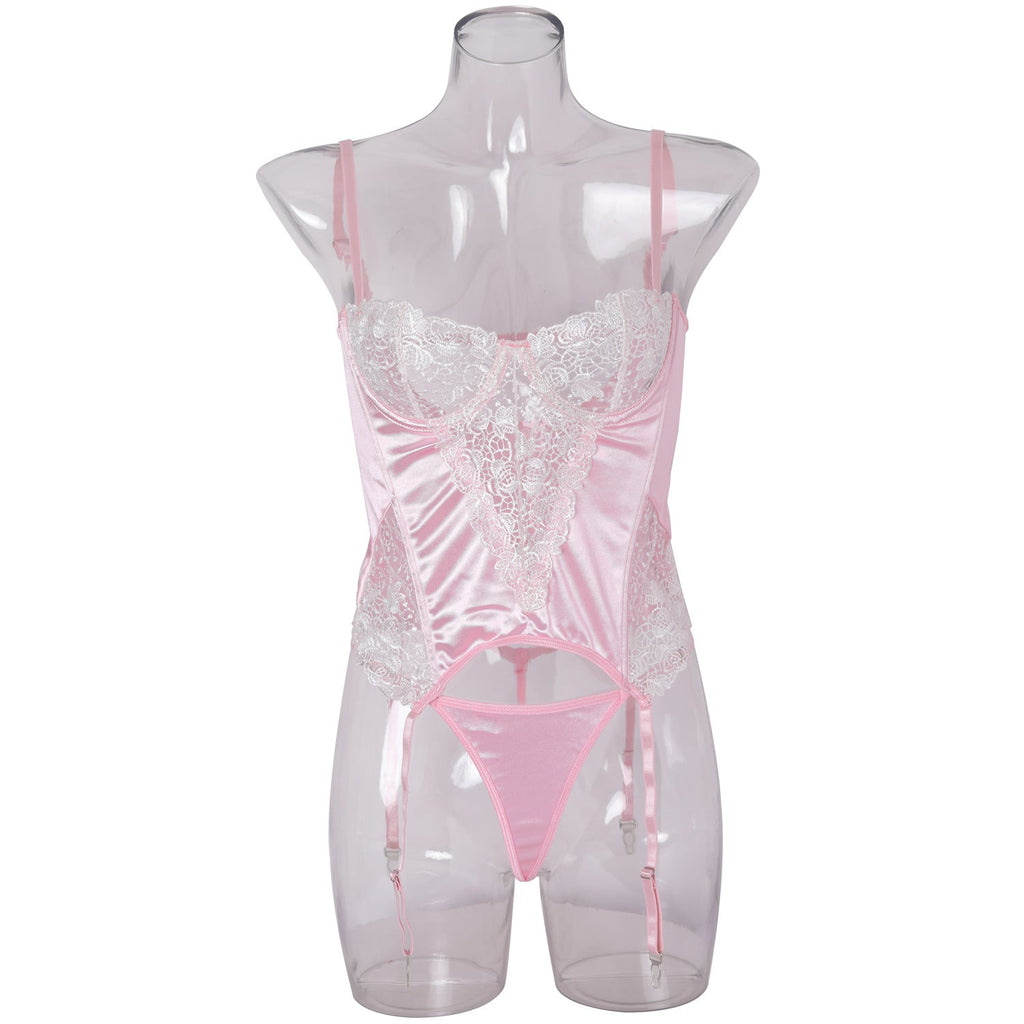 Ladies Floral Lace Velvet Lingerie Corset with Thong SKLG4094