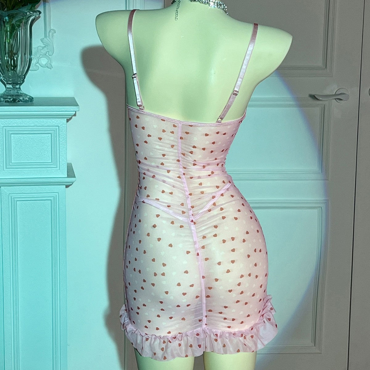 Ladies Heart Print See Through Lingerie Chemise Set SKLG4140