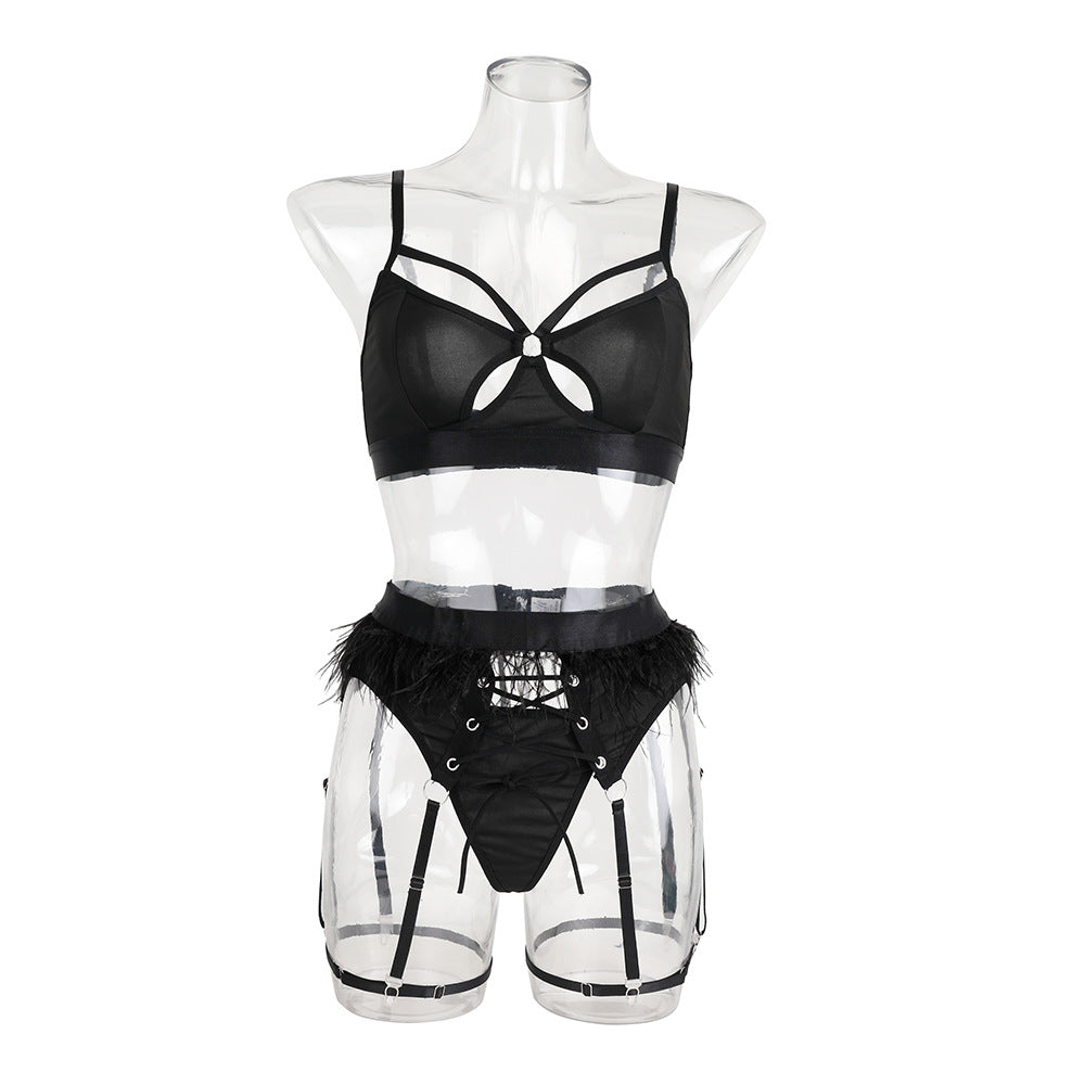 Ladies Solid Color Feather 3PCS Lingerie Set SKLG4098