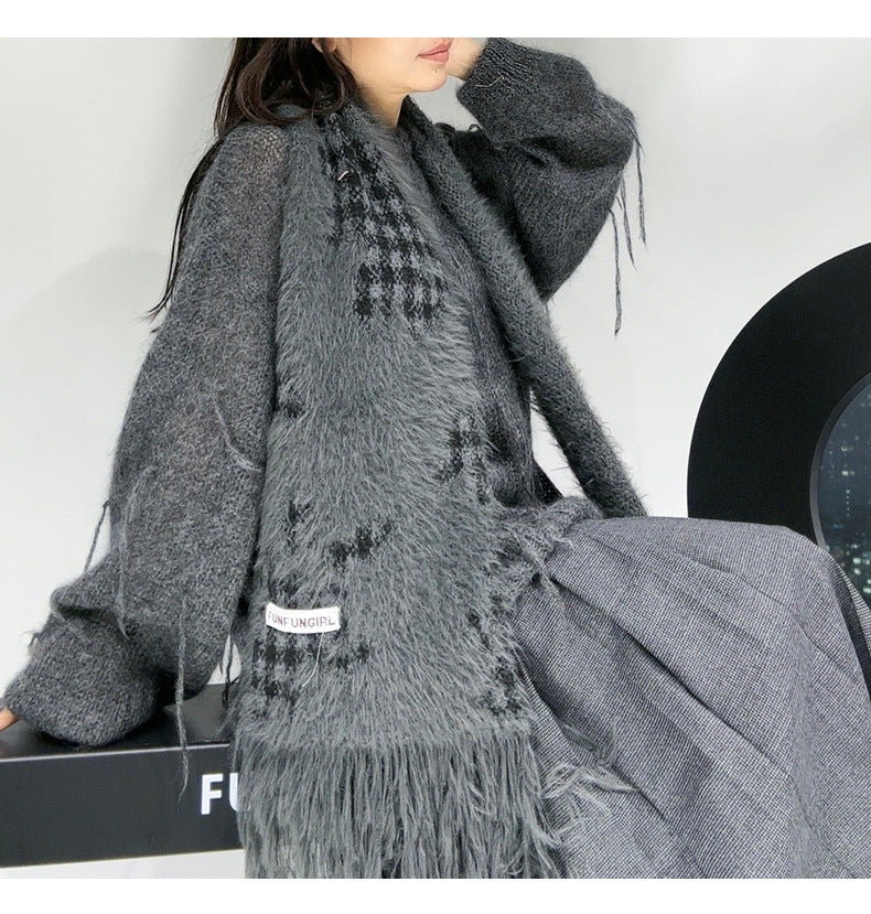 Ladies Faux Mink Color Block Tassels Scarf SKAS4193