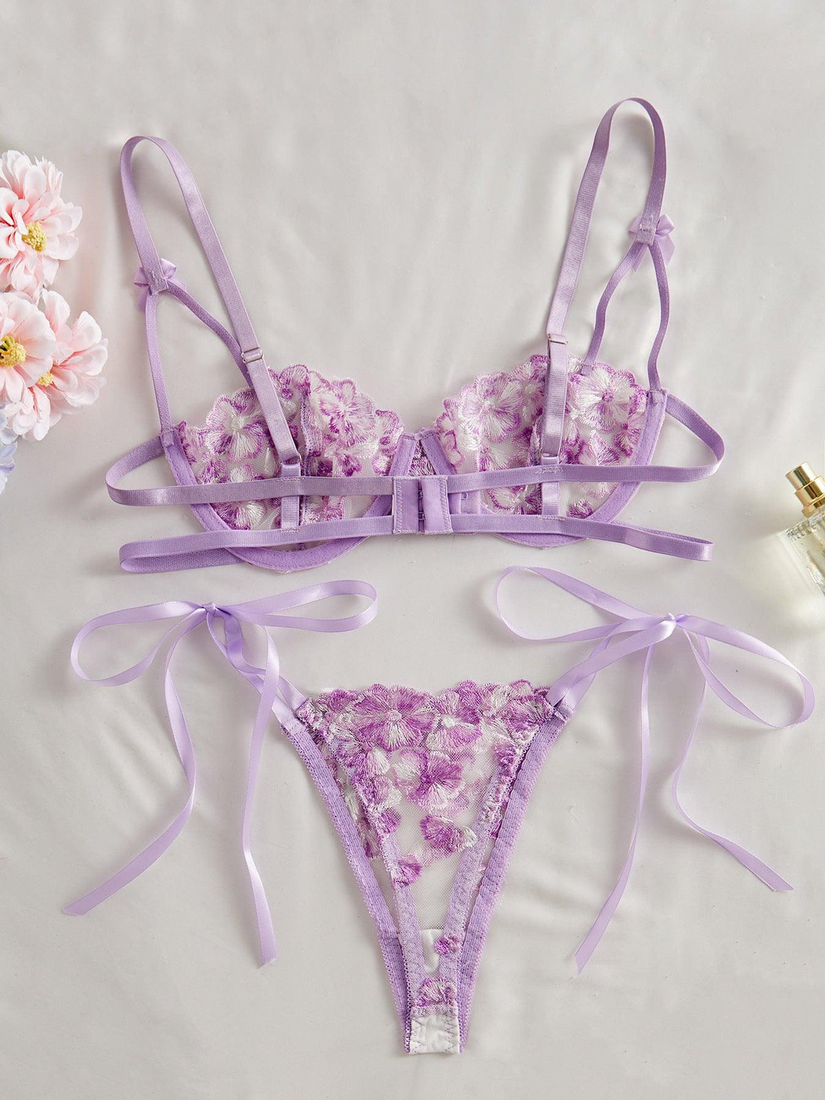 Ladies Embroidery Floral See Througn 2PCS Lingerie Set SKLG4019